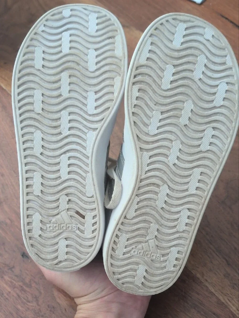 little Girl Adidas White Sneakers with Light Gray Stripes